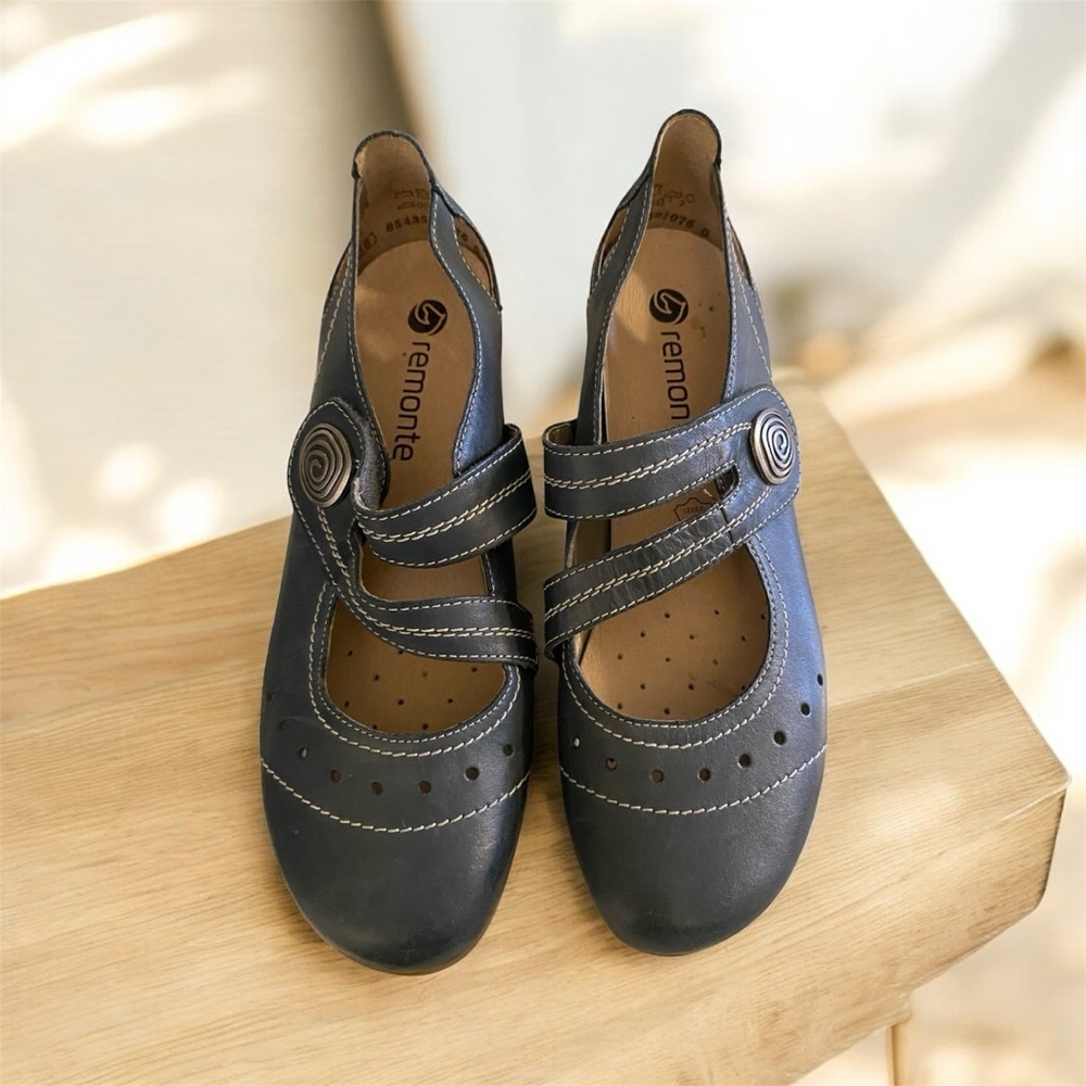 Remonte Leather Mary Jane Heels – Navy Blue Comfort Shoes – Size 38-7.5